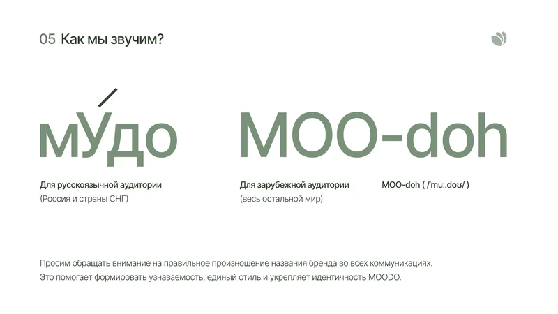 Как мы звучим: «мУдо» с ударением на «у» — для русскоязычной аудитории, «MOO-doh» /ˈmuː.doʊ/ — для зарубежной
